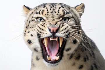 Obraz premium Snow Leopard roaring close-up portrait on a white background