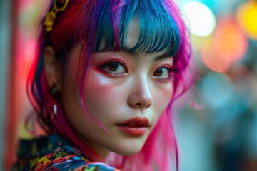 Naklejka premium Enigmatic Woman with Vibrant Hair and City Lights. A young woman with bright pink hair and expressive makeup in neon city light ambiance.