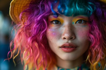 Serene Beauty with Pastel Rainbow Hair.
Close-up of a serene young woman with pastel rainbow hair and a thoughtful expression.