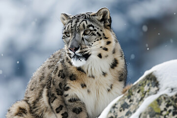 Fototapeta premium Snow Leopard close-up portrait on a rocky, snow-covered mountain landscape.