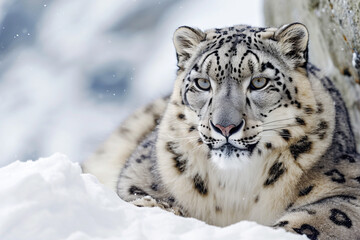 Obraz premium Snow leopard lying on a rocky, snow-covered mountain landscape, front portrait