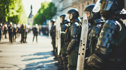 Anti-riot police team with plastic shields