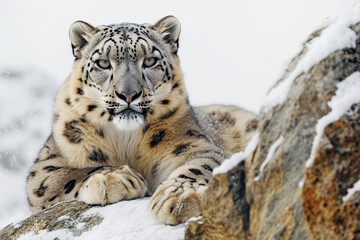 Obraz premium Snow leopard lying on a rocky, snow-covered mountain landscape, front portrait