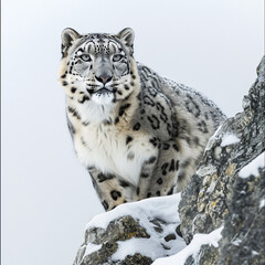 Fototapeta premium Snow leopard standing on a rocky, snow-covered mountain landscape, right-side portrait
