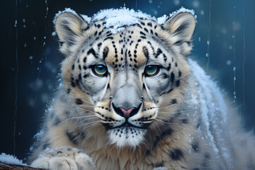 Fototapeta premium Snow Leopard close-up portrait on a snowy environment.