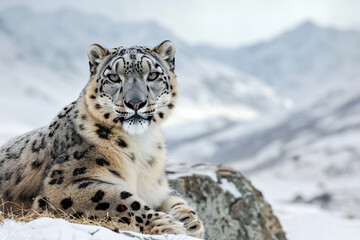 Fototapeta premium Snow leopard lying on a rocky, snow-covered mountain landscape, side portrait