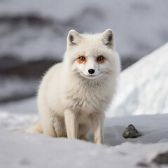 Obraz premium Beautiful white-coated Arctic fox with black paws standing on a landscape blanketed in snow ai generated