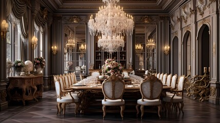 Fototapeta na wymiar Opulent dining room with a mix of textures, a crystal chandelier, and a marble-topped table for an exquisite dining experience