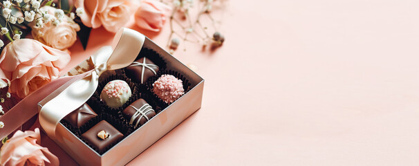 A set of chocolates in an open craft box decorated with a satin ribbon, festive pastel peach trendy background
