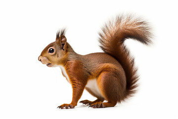 Obraz premium Red Squirrel standing on a white background. Animal left-side portrait.