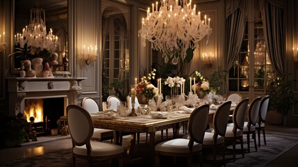 Fototapeta na wymiar Opulent dining room with a mix of textures, a crystal chandelier, and a marble-topped table for an exquisite dining experience