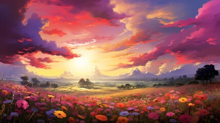 Golden Sunrise. Tranquil Meadow, Vibrant Blooms and a Breathtaking Color Palette