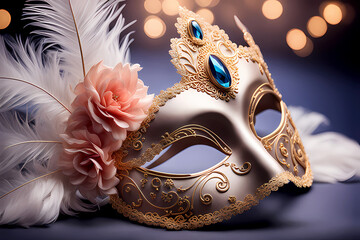 Colorful carnival celebration with a close-up eye mask and Venetian mask, gold, and silver carnival mask with the feather, close-up of a Venetian masque for a carnival celebration - obrazy, fototapety, plakaty