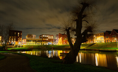 Fototapeta na wymiar Silhouette of a lone tree along the waterside in the modern center of Waddinxveen, Netherlands