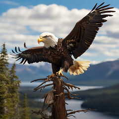 Soaring Against a Clear B, a Regal Bald Eagle with Sharp Eyes in a Hyper Realistic Illustration Photo ai Art