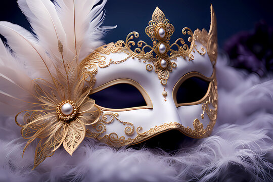 Colorful carnival celebration with a close-up eye mask and Venetian mask, gold, and white carnival mask with the feather, close-up of a Venetian masque for a carnival celebration