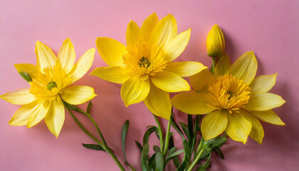 Beautiful yellow flowers on pink background. Flat lay, top view