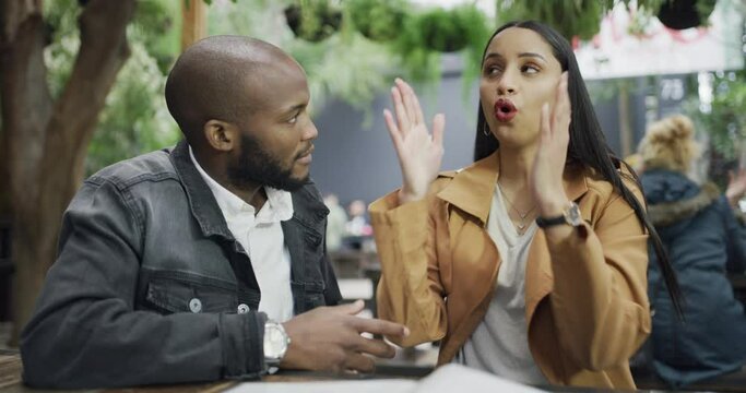 Couple, fight at restaurant and angry in conflict, disagreement and toxic relationship with trust problem. Fail, mistake with interracial people arguing, upset woman and black man with sorry on date