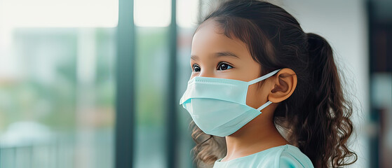 A Child girl with mask to protect and prevention covid 19 and infection. blurred background. Long Covid Awareness Day