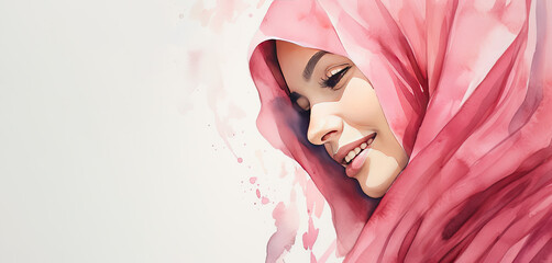 Illustration watercolor paint happy woman in pink hijab , women's day ,