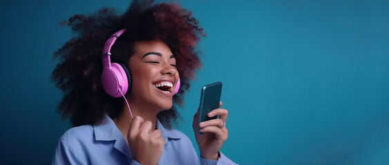 African American teenager young woman with headphone listen to music with happiness, a World hearing day.
