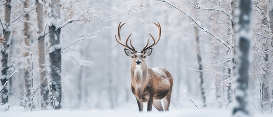 Deer in winter forest, Wild animal for a World wildlife day.