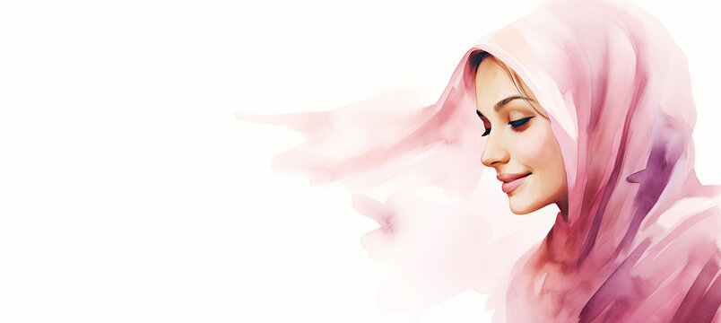 Illustration watercolor paint happy woman in pink hijab , a women's day