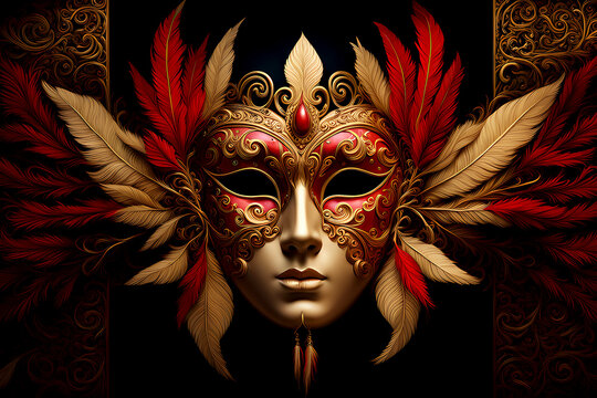 Colorful carnival celebration with a close-up eye mask and Venetian mask, gold, and red carnival mask with the red feather, close-up of a Venetian masque for a carnival celebration