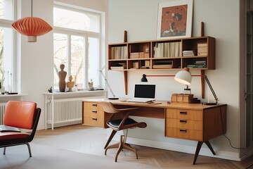 Scandinavian mid-century home office in Copenhagen, showcasing a functional workspace with retro-inspired furniture