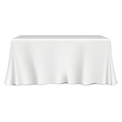 Table covered with white blank tablecloth realistic vector mock-up. Mockup template for design