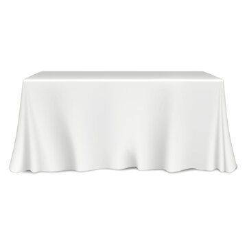 Table covered with white blank tablecloth realistic vector mock-up. Mockup template for design