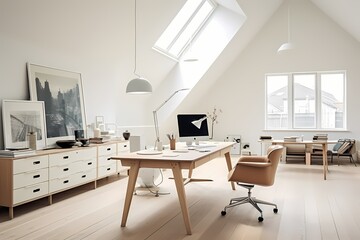 Scandinavian mid-century office space in Copenhagen, showcasing a stylish desk, ergonomic chair, and timeless design elements