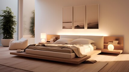 Fototapeta na wymiar Serene bedroom with a platform bed, uncluttered surfaces, and soft ambient lighting