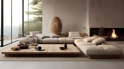 Serene living room with a low-profile sofa, floor cushions, and a focus on natural materials