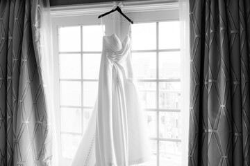 wedding dress hanging in the window