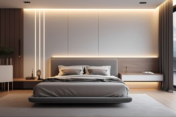 Serene modern classic minimalist bedroom featuring a sleek bed, monochromatic palette, and soft ambient lighting