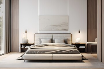 Fototapeta na wymiar Serene modern classic minimalist bedroom featuring a sleek bed, monochromatic palette, and soft ambient lighting