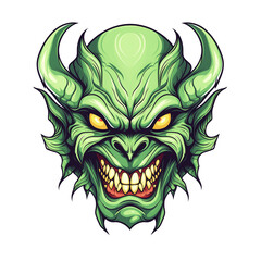 Green monster face with horns isolated on transparent background