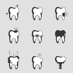 Set of dental treatment icons. Vector on a gray background