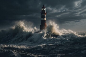A lighthouse braves stormy seas and crashing waves. Generative AI