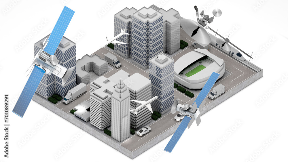 Aufkleber using satellite communications to capture transportation locations in large cities.,3d rendering
