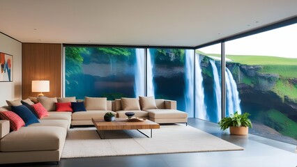 Fototapeta na wymiar luxury appartment with waterfall outside the window