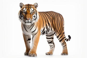 Fototapeta premium Siberian Tiger standing on a white background. Animal left-side portrait.