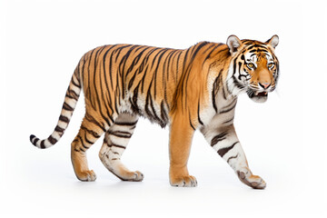 Obraz premium Siberian Tiger standing on a white background. Animal right-side portrait.