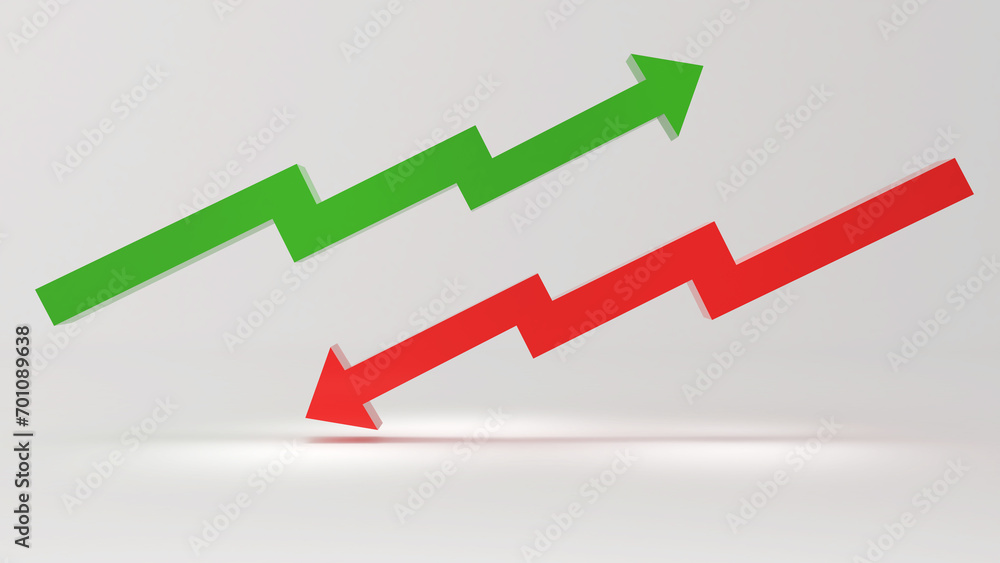 Aufkleber green arrow pointing up and red arrow pointing down on a light gray background,business finance risi