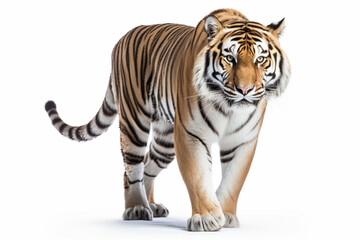 Obraz premium Siberian Tiger standing on a white background. Animal right-side portrait.