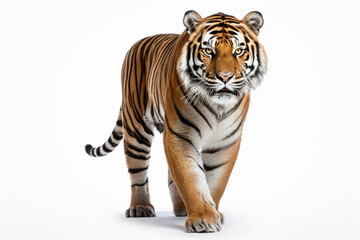 Naklejka premium Siberian Tiger standing on a white background. Animal front-right portrait.
