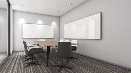 A small meeting room for 8 seats in an office building., 3d rendering