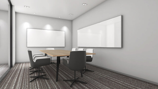 A small meeting room for 8 seats in an office building., 3d rendering