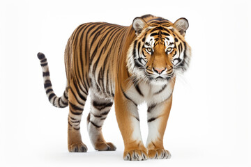 Obraz premium Siberian Tiger standing on a white background. Animal right-side portrait.